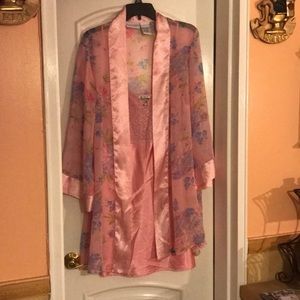 Pink slip nightgown with floral robe